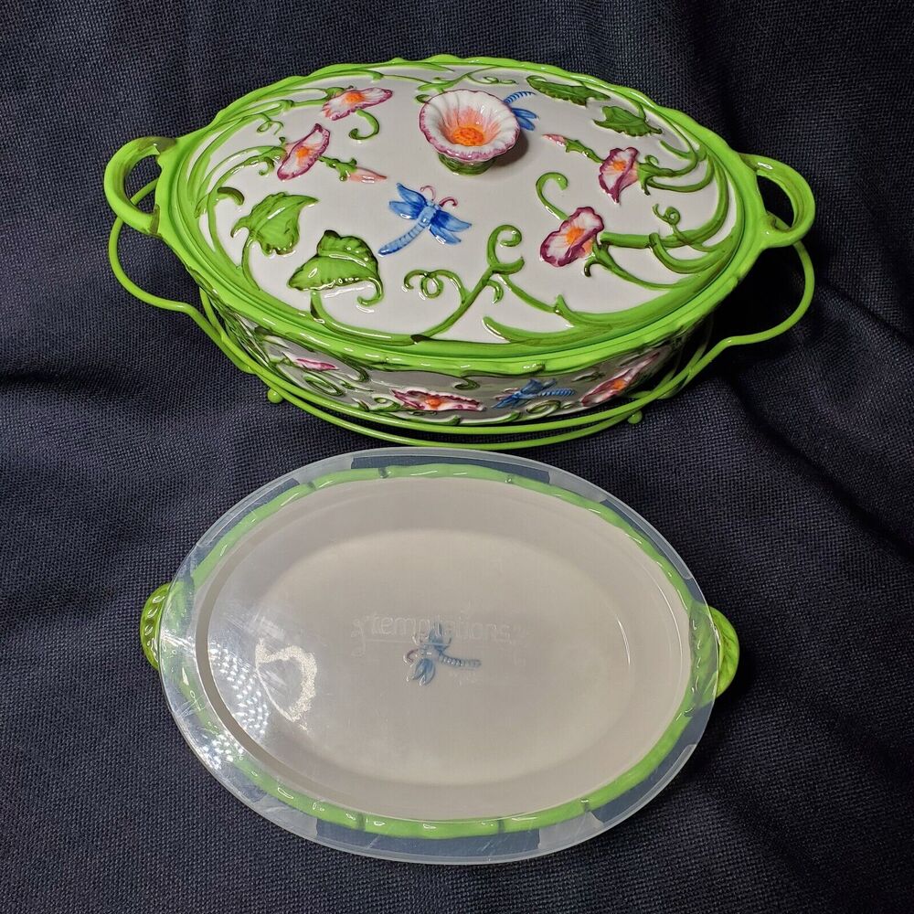 Temptations by Tara Green Dragonfly Ovenware Covered Casserole Set Oval 2qt, 1qt